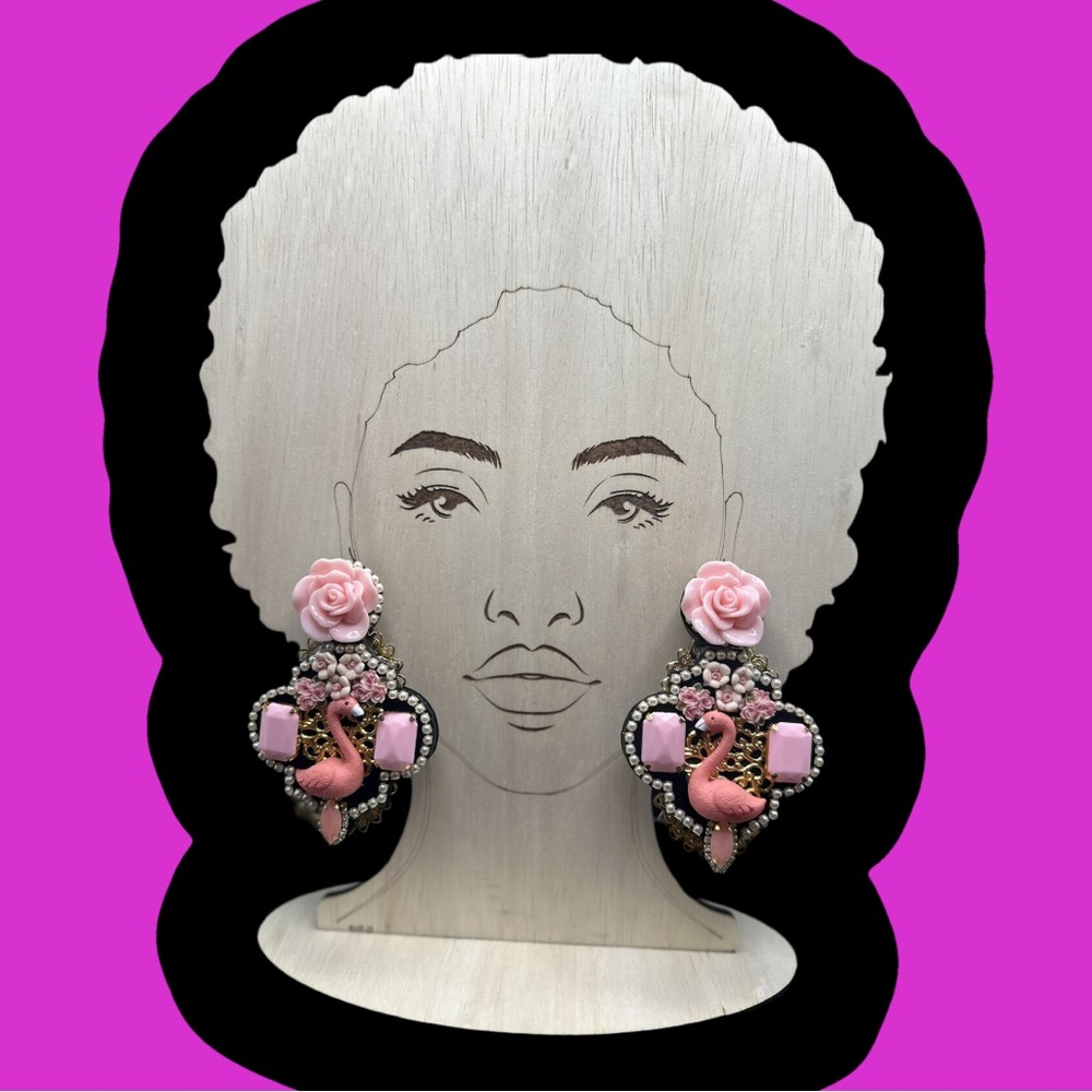 Couture Earrings - Mad Flamingos - Pink Floral Flamingo Earrings